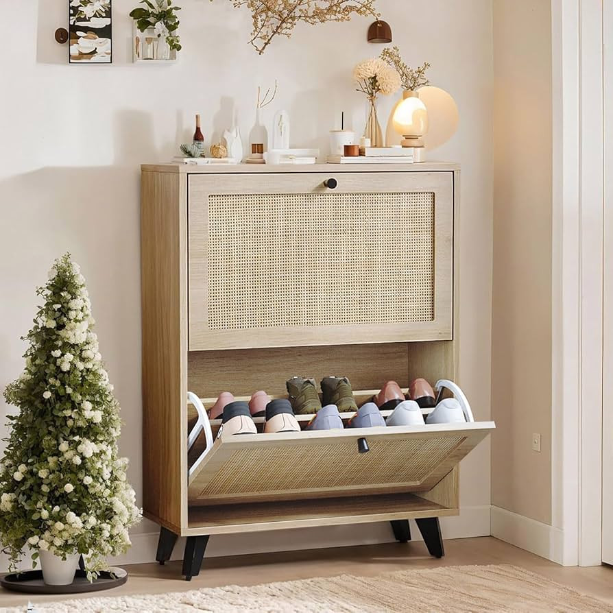 Angel Sar Rattan Shoe Cabinet for Entryway, Slim Shoe Storage Cabinet with 2 Flip Drawers, Hidden... | Amazon (US)