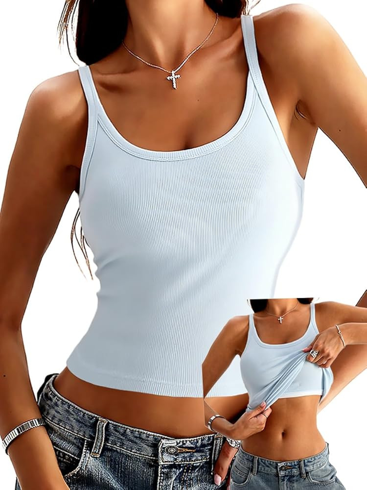 Danysu Women's Tank Tops with Bulit in Bras Scoop Neck Ribbed Fitted Knit Crop Halter Tops Spaghe... | Amazon (US)