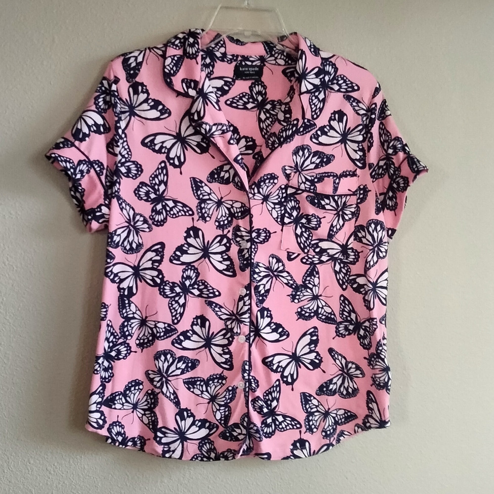 NWT Kate Spade Size Medium Pink Butterfly Print Pajama Shirt Button Down Top | Poshmark
