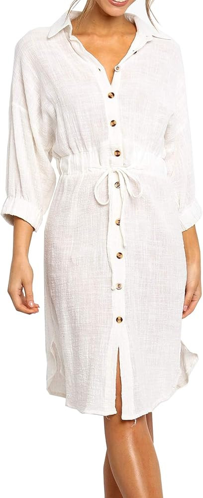 R.Vivimos Women's Summer 3/4 Sleeve Linen Button Down Casual Knee Length Dress with Tie Waist | Amazon (US)