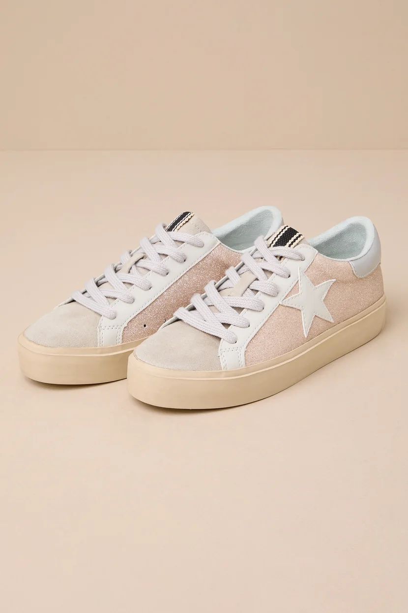 Reba Champagne Glitter Flatform Color Block Sneakers | Lulus