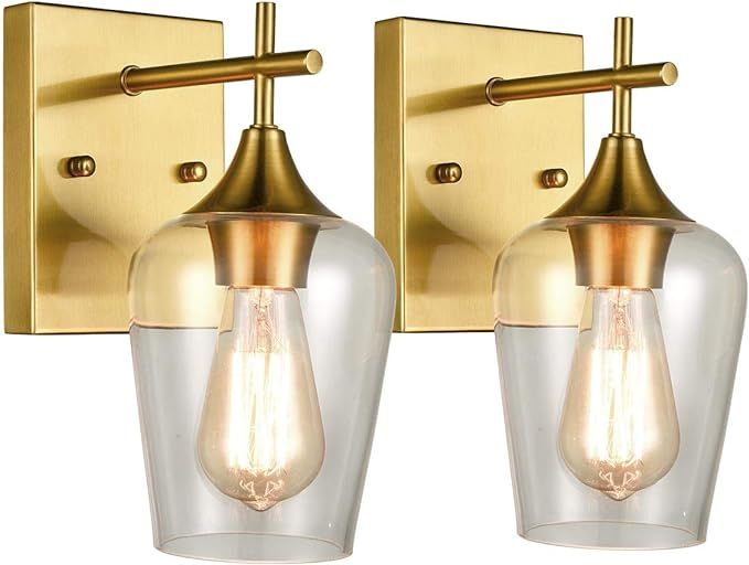 Brass 2 Pack Glass Sconces Clear Glass Wall Sconces Industrial Bathroom Vanity Lighting | Amazon (US)
