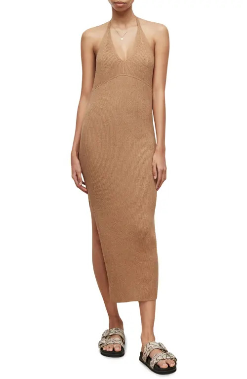 AllSaints Lexi Rib Metallic Halter Dress in Praline Metallic at Nordstrom, Size X-Small | Nordstrom
