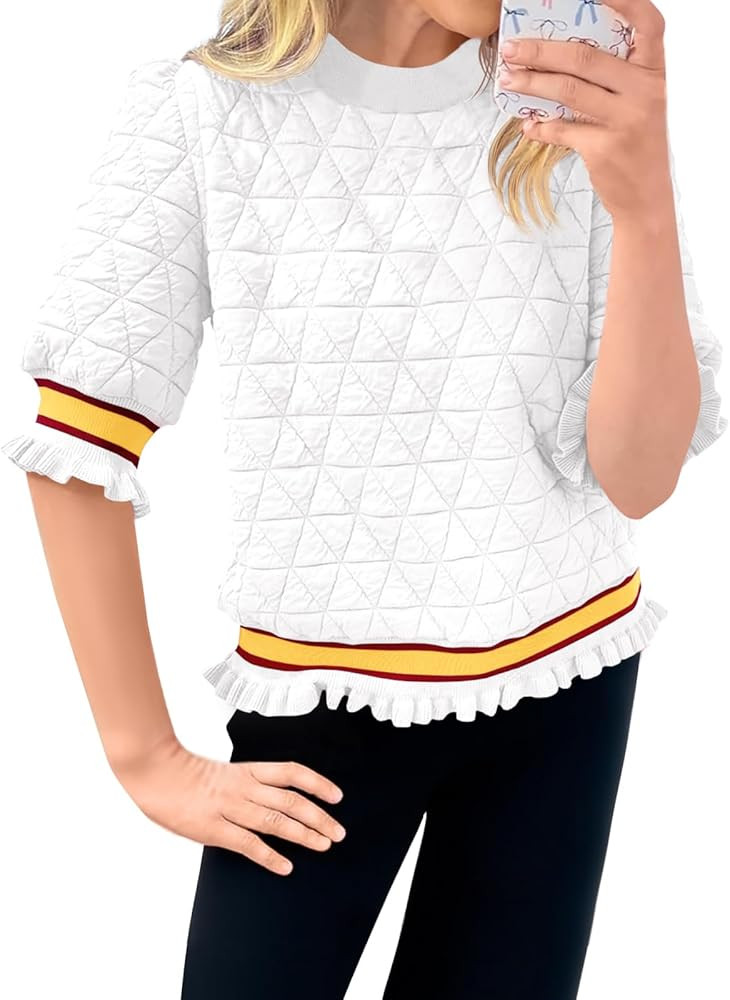 Fisoew Womens Quilted Pattern Cropped Sweatshirts Casual Crewneck Half Lantern Sleeve Textured Ru... | Amazon (US)