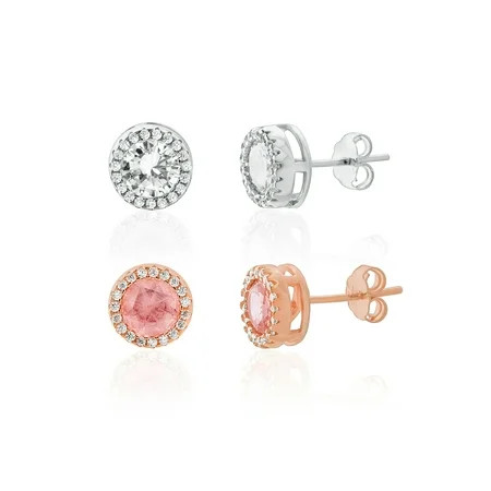 Lesa Michele 2 Pair Simulated Morganite & Cubic Zirconia Halo Stud Set in Sterling Silver | Walmart (US)