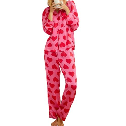 RUEWEY Women 2 Piece Pajama Set Heart Print Long Sleeves Button Down Lapel Shirt Long Pants Matching Sets Loungewear (US, Alpha, Medium, Regular, Regular, Red-1) | Amazon (US)