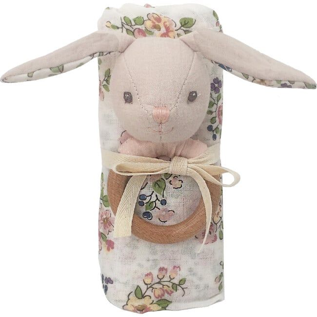 Parisian Petit Bunny Rattle & Swaddle Set, Pink Floral | Maisonette