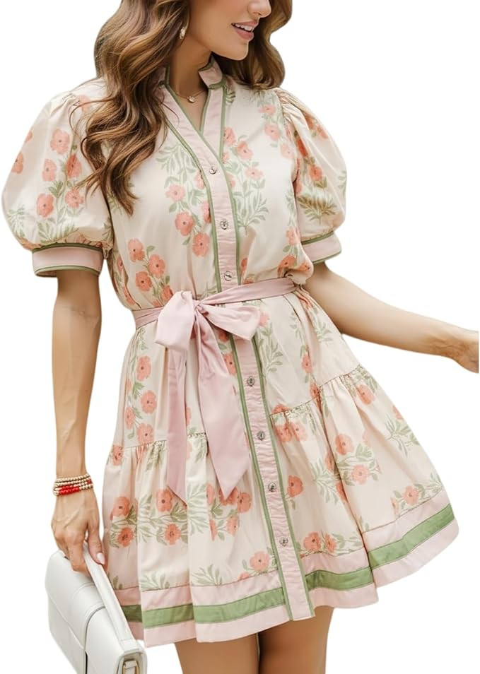 Womens Summer Floral Mini Dress V Neck Short Puff Sleeve Button Down Boho Dresses with Tie Waist | Amazon (US)