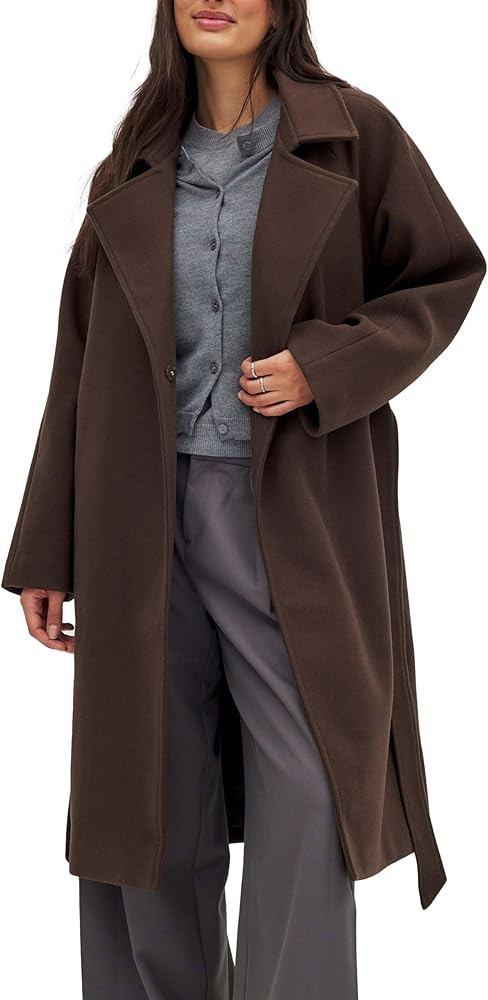 Belted Coat for Women Winter Classic Loose Open Front Notch Lapel Trench Peacoat Long Outwear wit... | Amazon (US)