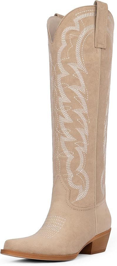 Modatope Cowboy Knee High Boots for Women Pointed Toe Chunky Heel Embroidered Wide Calf Cowgirl B... | Amazon (US)