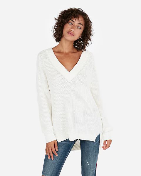 Oversized Shaker Knit Deep V-neck Tunic Sweater | Express