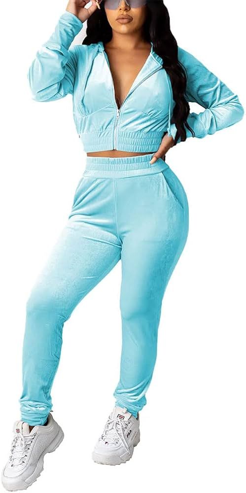PINSV 2 Piece Outfits Velour Tracksuit For Women Zip Up Hoodie Velvet Jogging Sweatsuit Workout S... | Amazon (US)