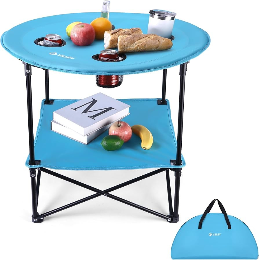 VILLEY Folding Camping Table, Lightweight Double-Layer Round Table with 4 Cup Holders and Carry B... | Amazon (US)