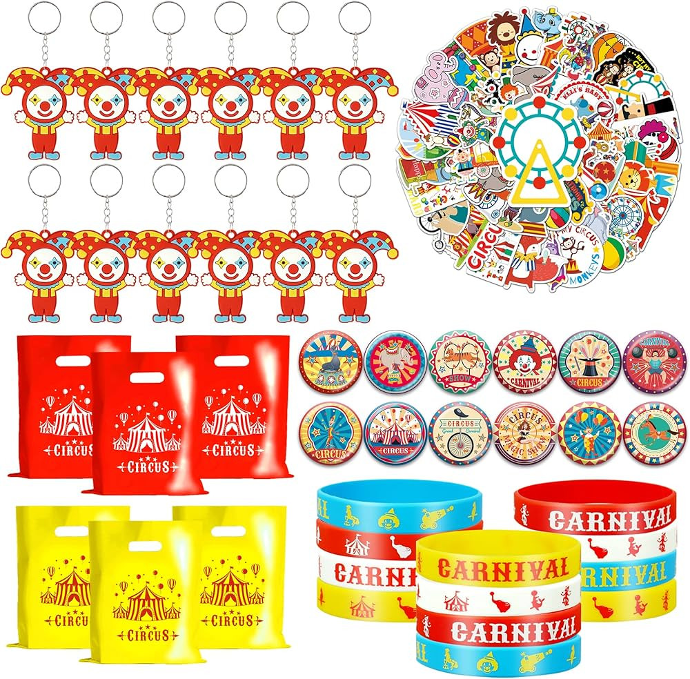 98 PCS Circus Party Favors, Clown Keychains Goodie Bags with Stickers, Rubber Bracelets, Button p... | Amazon (US)