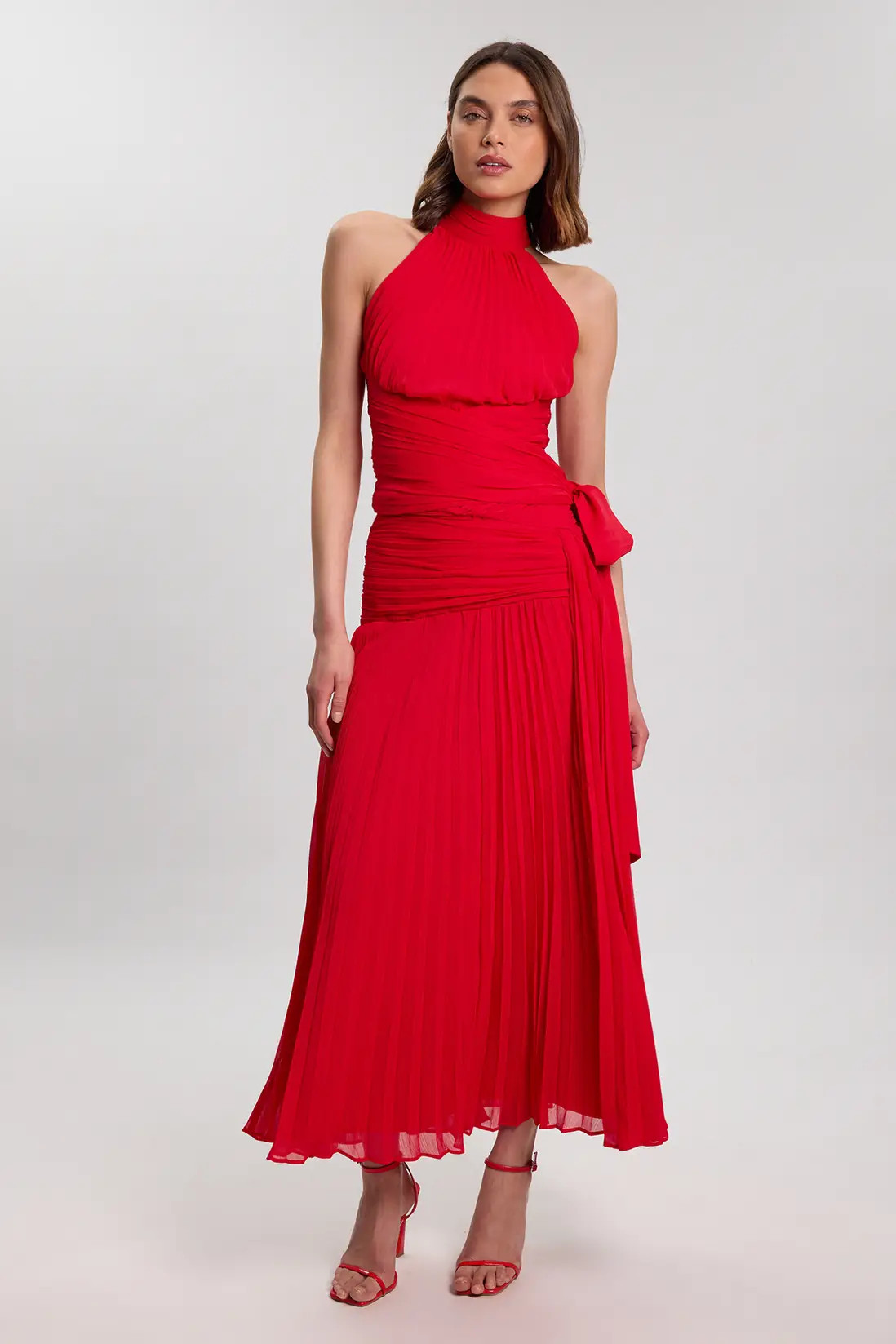 Red Crinkle Chiffon Halterneck Top | Karen Millen | Karen Millen