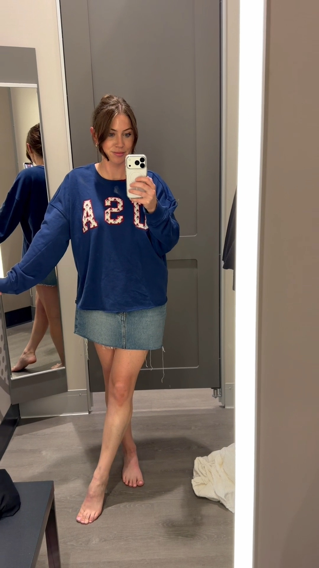 | USA crew neck pullover | Fourth of July outfit | Jean skirt outfit | comfy casual looks |

#LTKootd #LTKSeasonal #LTKmomlife