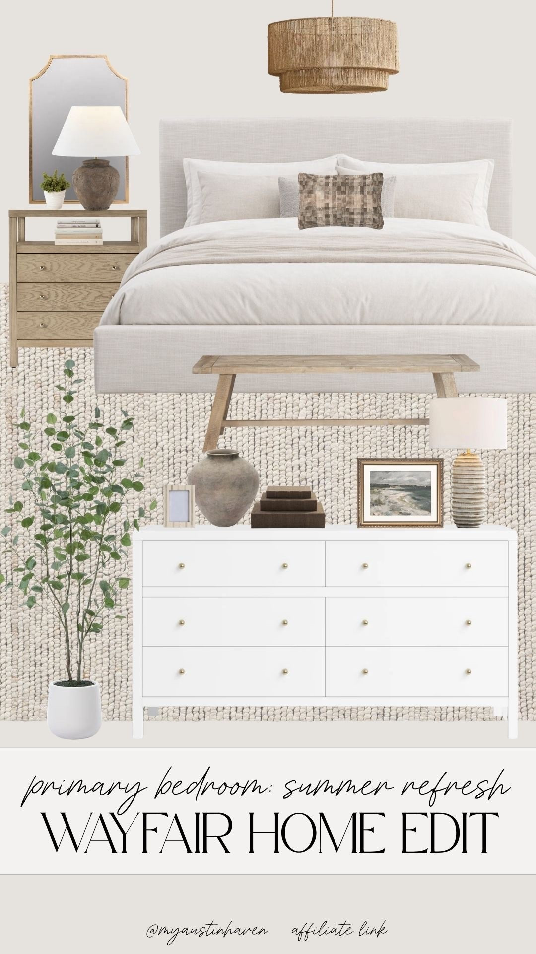 Primary bedroom summer refresh from Wayfair with light layered neutrals and timeless pieces for an airy home update. 🌊

Wayfair bedroom finds, Pure Salt Interiors inspired, mcgee, modern organic, primary bedroom refresh, bedroom summer refresh, neutral bedroom decor, wayfair home edit, bedroom furniture ideas, upholstered bed frame, white dresser, nightstand styling, bedroom bench, woven pendant light, textured area rug, table lamp decor, coastal bedroom style, light wood bedroom furniture, airy bedroom design, timeless home decor, bedroom styling ideas, serene bedroom update, summer home refresh.