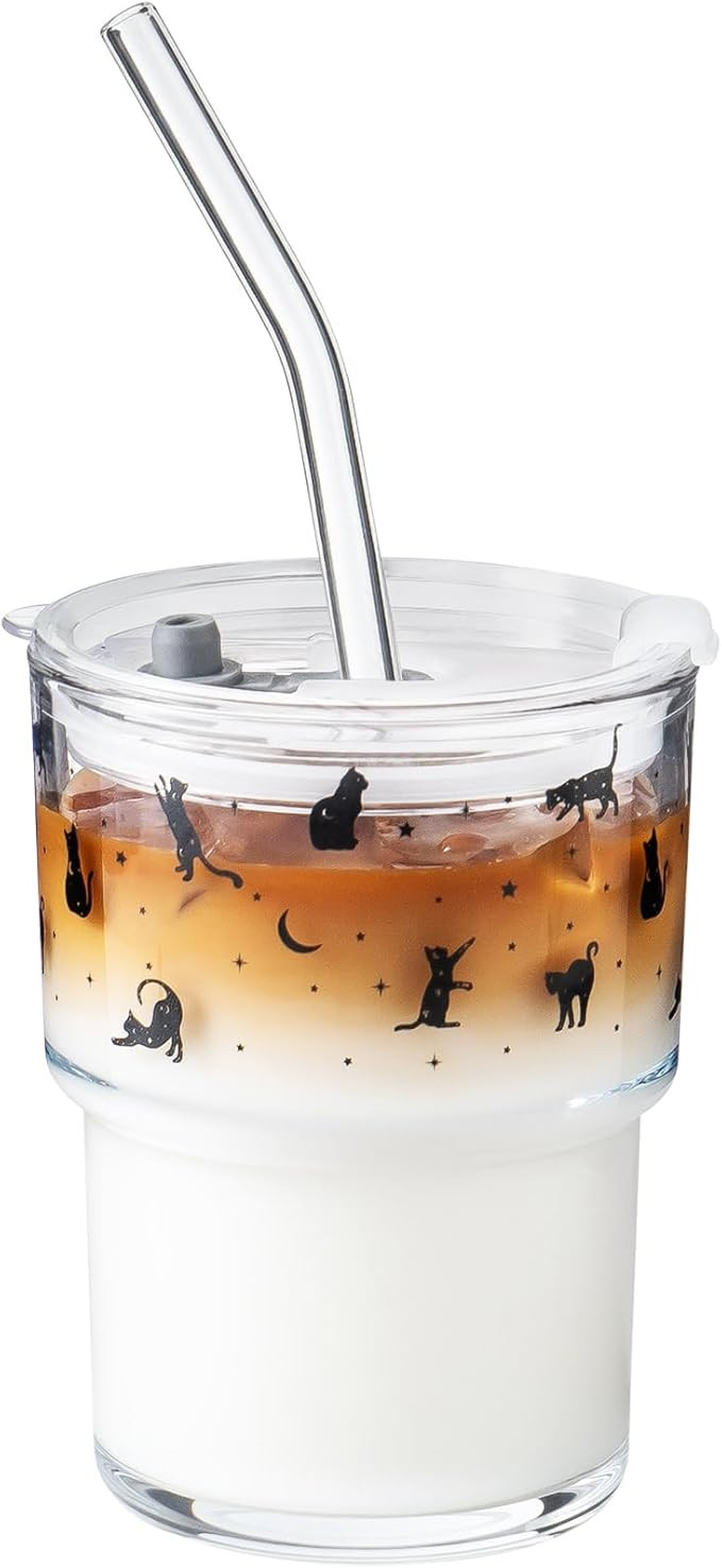 13oz Glass Tumbler with Straw and Lid, Reusable Iced Coffee Cup Tumbler, Cute Glass Cups for Wate... | Amazon (US)