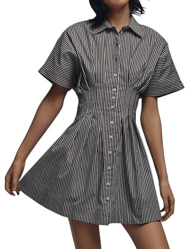 Ceputer Summer Button Down Shirt Dress for Women Short Sleeve Pleated Mini Dresses Causal A Line Flowy Corset Short Dresses Striped Black | Amazon (US)