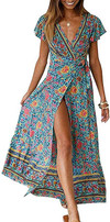 Click for more info about ZESICA Women's Bohemian Floral Printed Wrap V Neck Short Sleeve Split Beach Party Maxi Dress