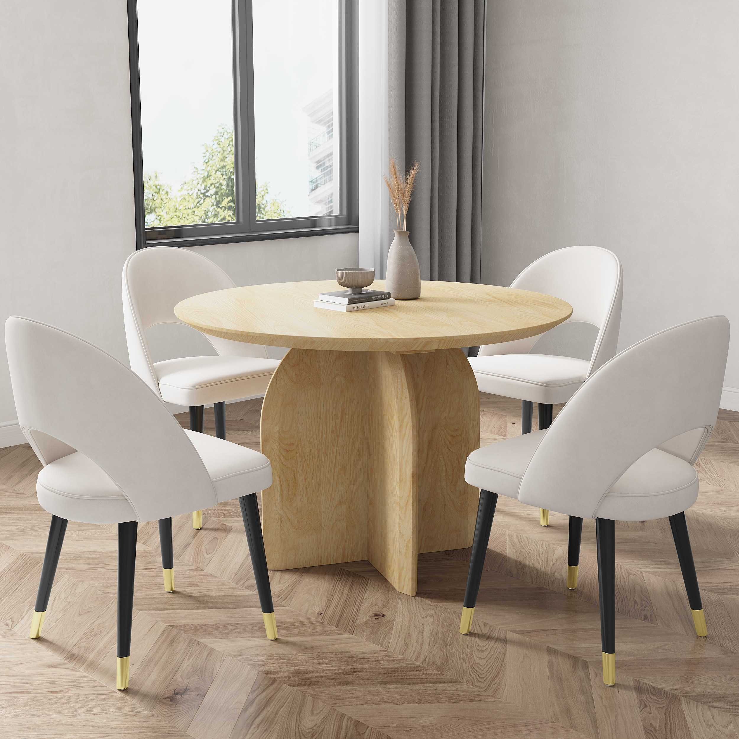 Dining Table Set 39"" Round Natural Dining Table & 4 Upholstered Light Gray Velvet Dining Chairs | Homary