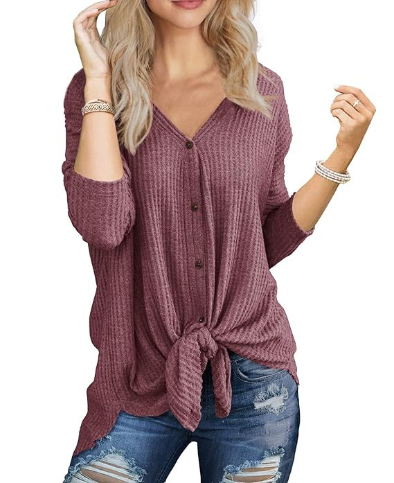 IWOLLENCE Womens Waffle Knit Tunic Blouse Tie Knot Henley Tops Loose Fitting Bat Wing Plain Shirt... | Amazon (US)