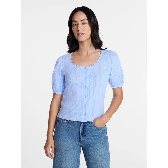 Time and Tru Women's Pointelle Top with Short Sleeves, Sizes XS-XXXL | Walmart (US)