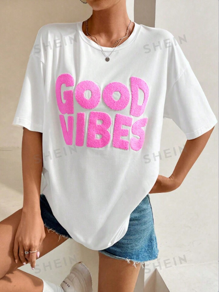 SHEIN EZwear Summer Casual Short Sleeve T-Shirt With Flocked Letters And Drop Shoulder Design | SHEIN