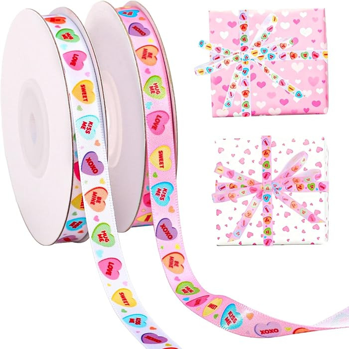 Whaline 2 Rolls Valentine's Day Ribbons 30 Yards Satin Ribbon Conversation Heart Fabric Craft Rib... | Amazon (US)
