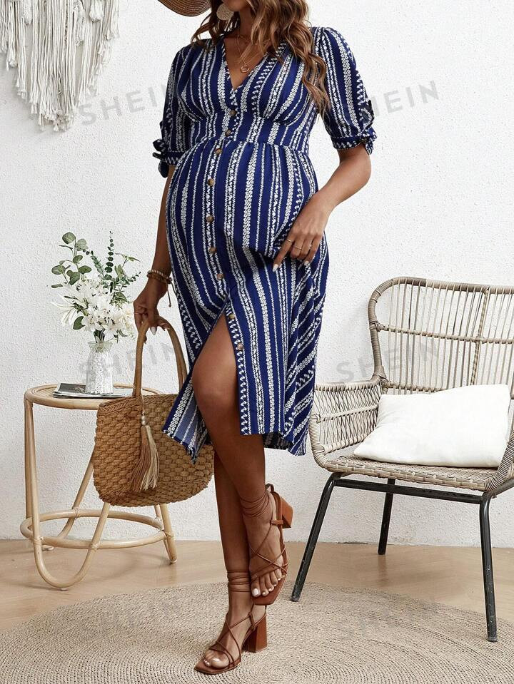 SHEIN Maternity Casual Puff Sleeve Holiday Dress With Energy | SHEIN