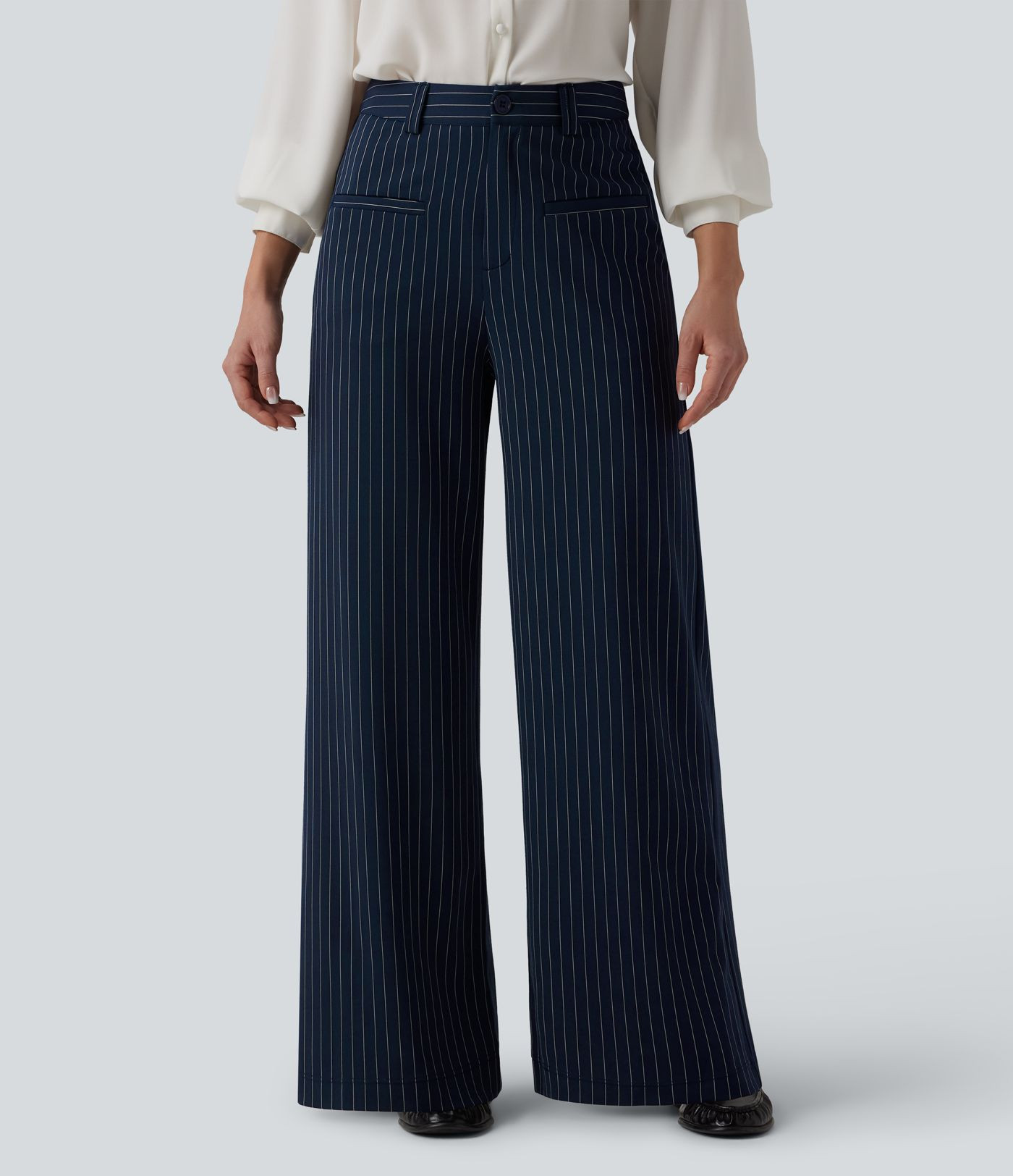 Women\u2019s Halara Flex\u2122 Mid Rise Wide Leg Cool Touch Stripe Work Pants with Pockets - Hala... | HALARA