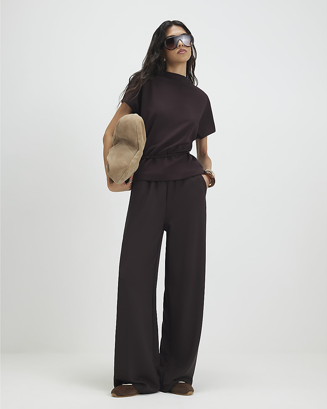 Brown Premium Wide Leg Joggers | River Island UK & IE