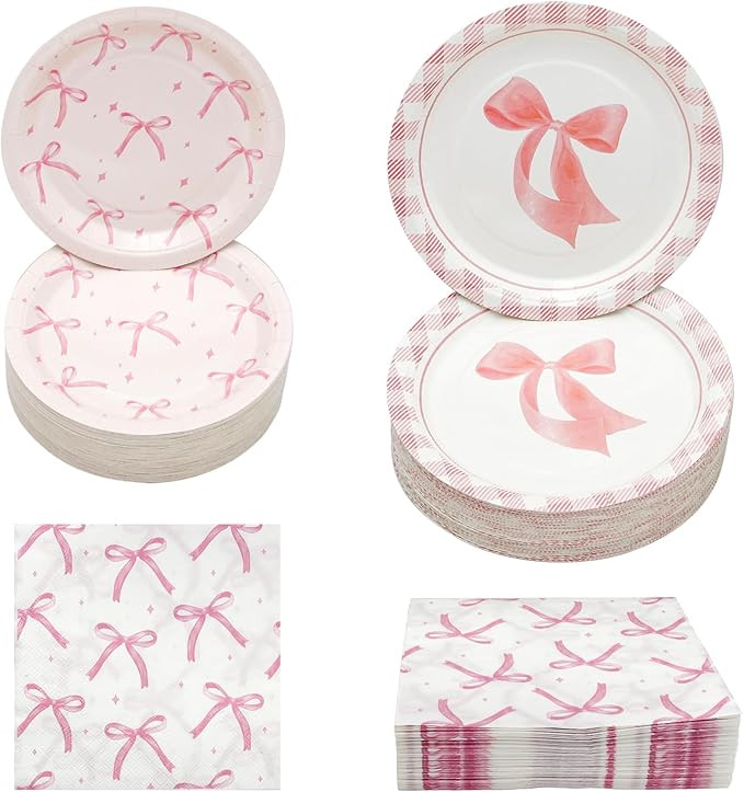 180Pcs Pink Bow Party Supplies Paper Plates and Napkins Serve 60 Disposable Tableware Set for Bir... | Amazon (US)