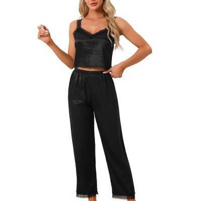 cheibear Women's Satin Lace Trim Cami with Long Pant 2 Pieces Pajama Set Black X-Small | Target