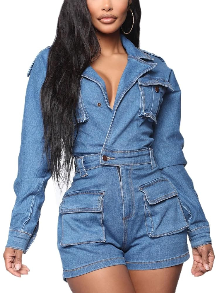 SheKiss Womens Casual Short Sleeves Denim Romers Elastic Waist Button Down Onesie Jumpsuits with ... | Amazon (US)