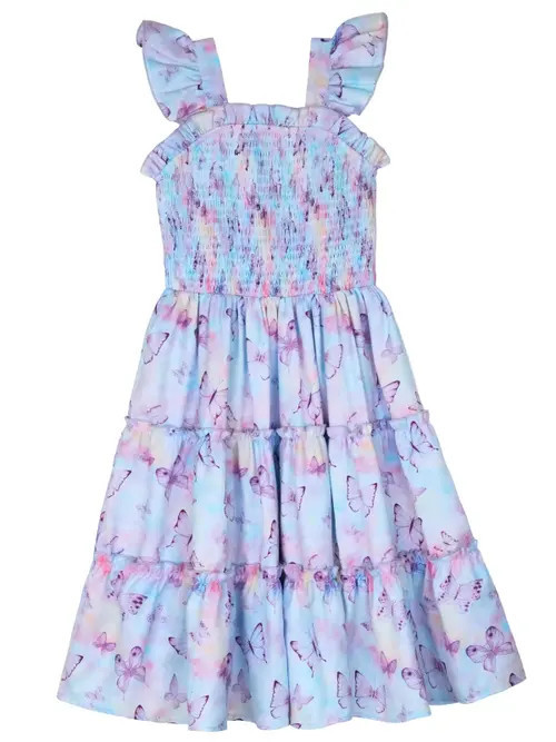 Mia Belle Girls Girls Spring Butterflies Smocked Tiered Dress in Purple at Nordstrom, Size 3T | Nordstrom
