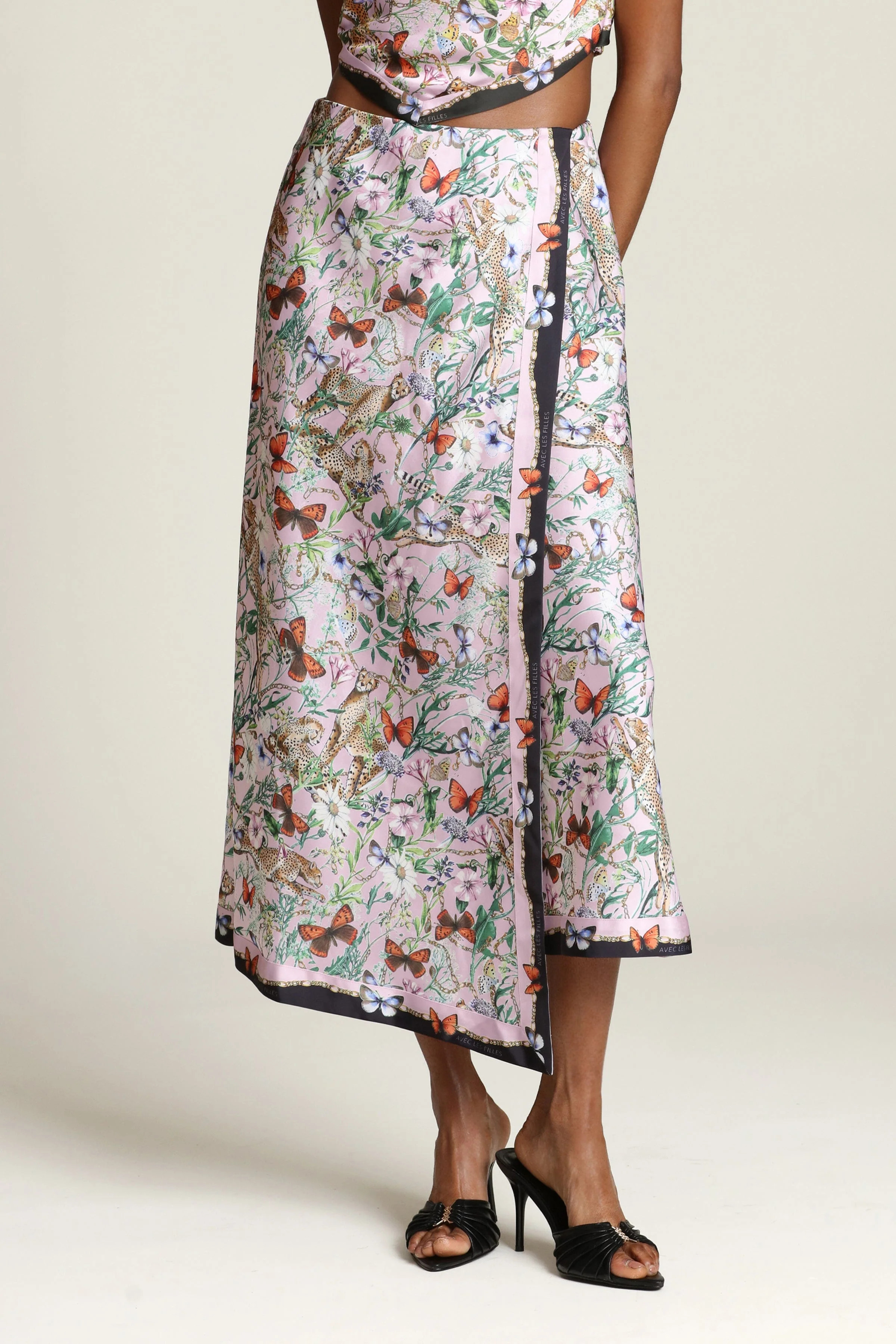 Botanical Satin Faux Wrap Maxi Slip Skirt | Avec Les Filles