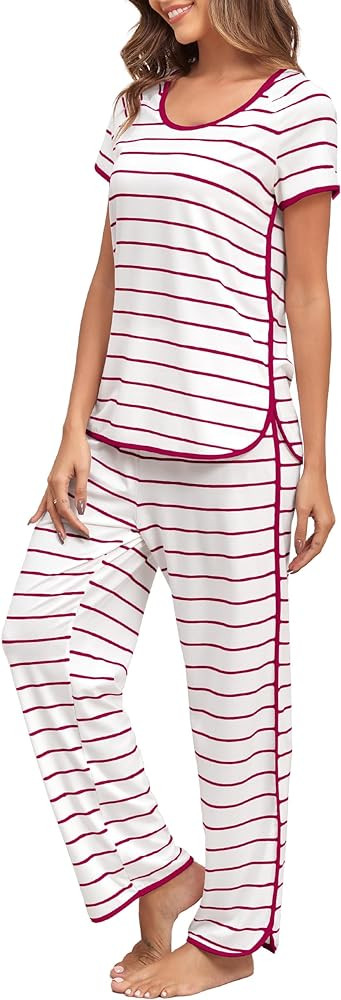 Stripe Pajamas Set Women Two-Piece Nightwear Short Sleeve Sleepwear Soft Side Split Loungewear Pj... | Amazon (US)