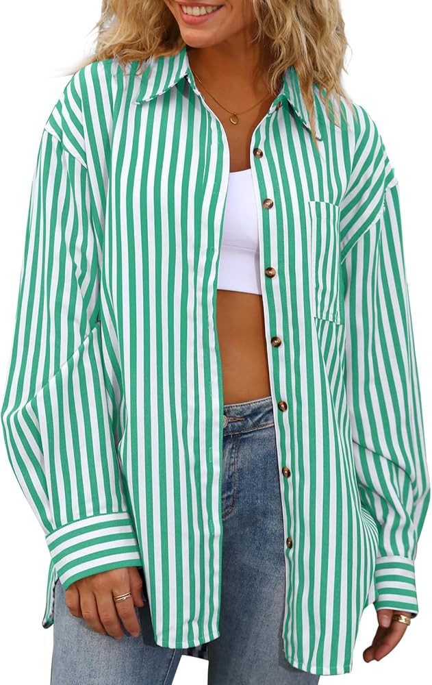 CHYRII Womens Striped Button Down Shirt Casual Long Sleeve Blouse Top | Amazon (US)