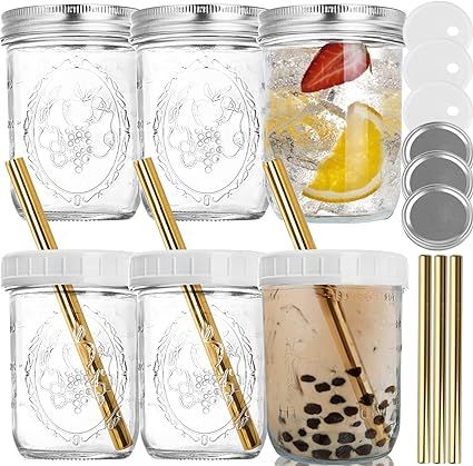 Dicunoy Set of 6 Drinking Mason Jar with Lids and Straws, 16OZ Wide Mouth Glass Bubble Tea Cup, R... | Amazon (US)