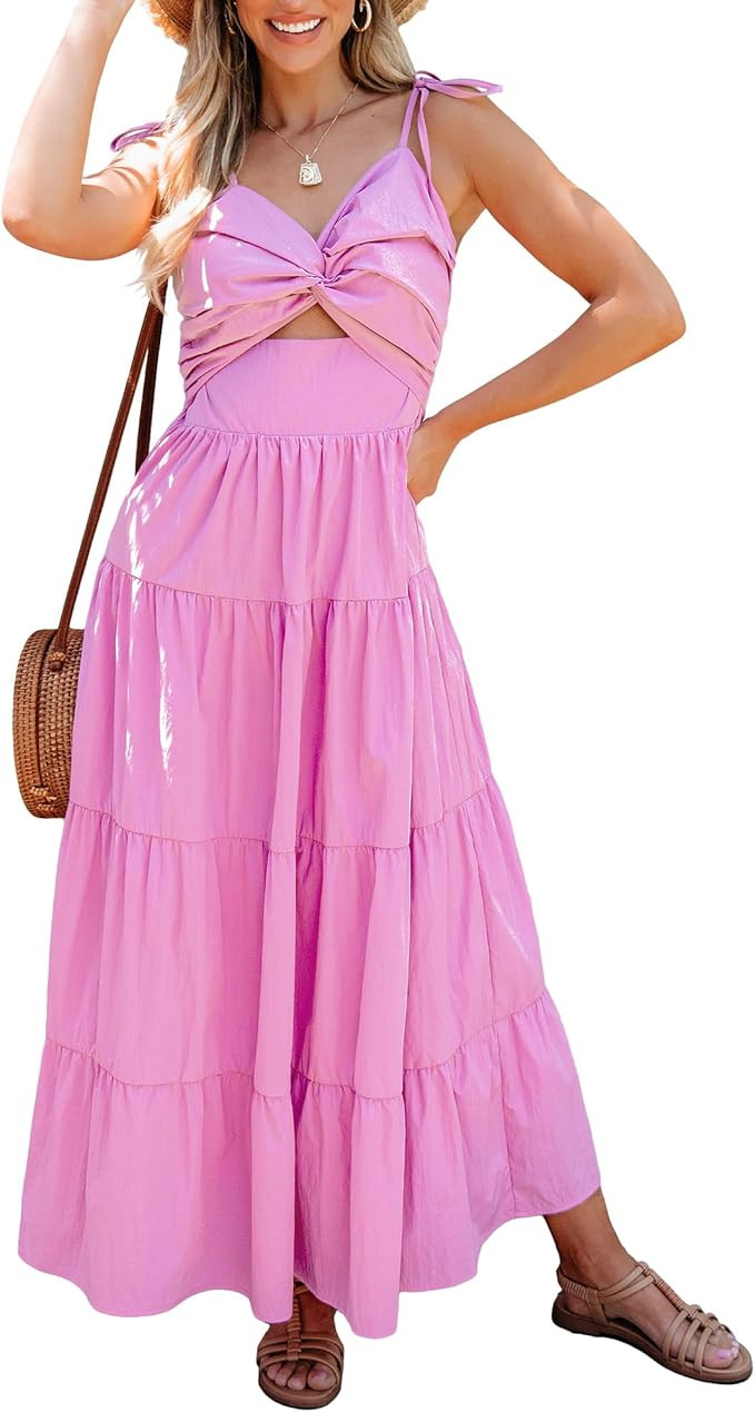 luvamia Long Flowy Dresses for Women Tiered Cut Out Midi Dress Self Tied Spaghetti Strap Summer V... | Amazon (US)