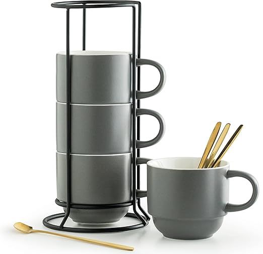 YHOSSEUN Stackable Coffee Mugs with Rack and Metal Spoon - 11 Oz Demitasse Cups for Espresso, Lat... | Amazon (US)