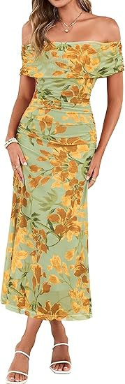 Simplee Womens Summer Floral Off Shoulder Maxi Dress 2026 Spring Ruched Bodycon Formal Wedding Gu... | Amazon (US)