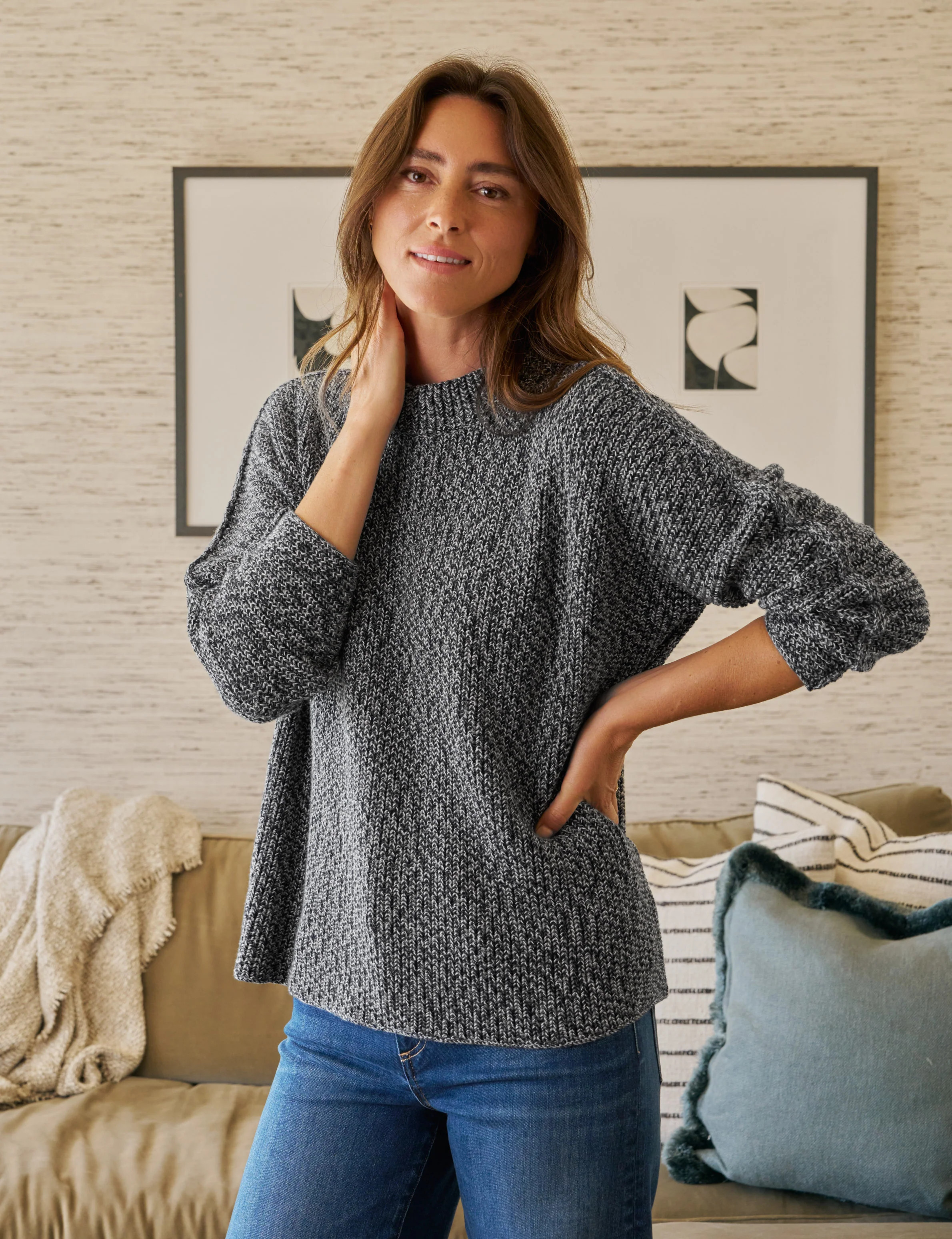 MONTECITO SWEATER Gray and Navy Marl, Pure Italian Cotton | Frank & Eileen