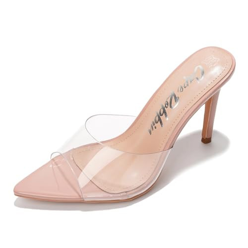 Clear Open Toe Heels for Women- Sleek, Comfy Pointy Heels for Women with Genuine PU Leather Insole & 3.75 inch Stiletto Heel- Classy Mule Cork Heel Sandals for Women (Melrose.A) - Beige Size 7.5 | Amazon (US)