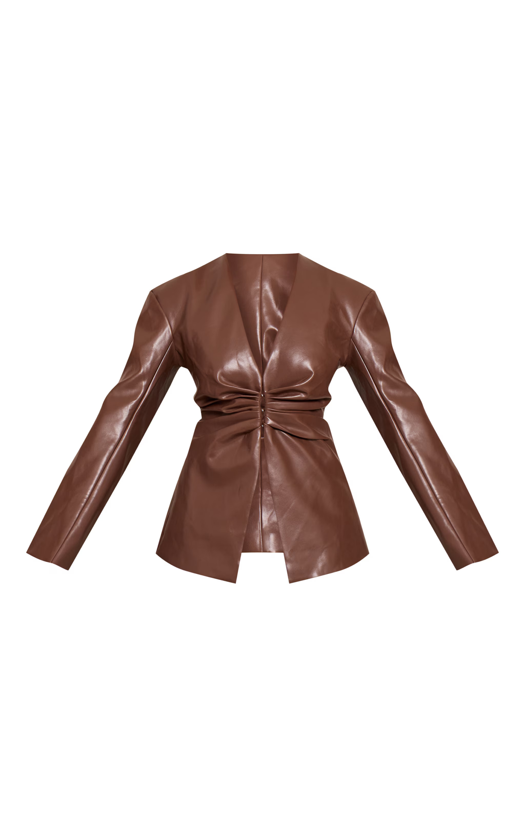 Shape Chocolate Faux Leather Ruched Front Blazer | PrettyLittleThing US