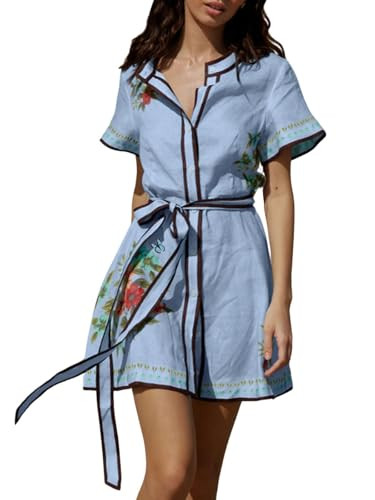 CHARTOU Women's Floral Linen Button Down Wrap Tie Knot Boho Beach Shirt Dress with Belt | Amazon (US)
