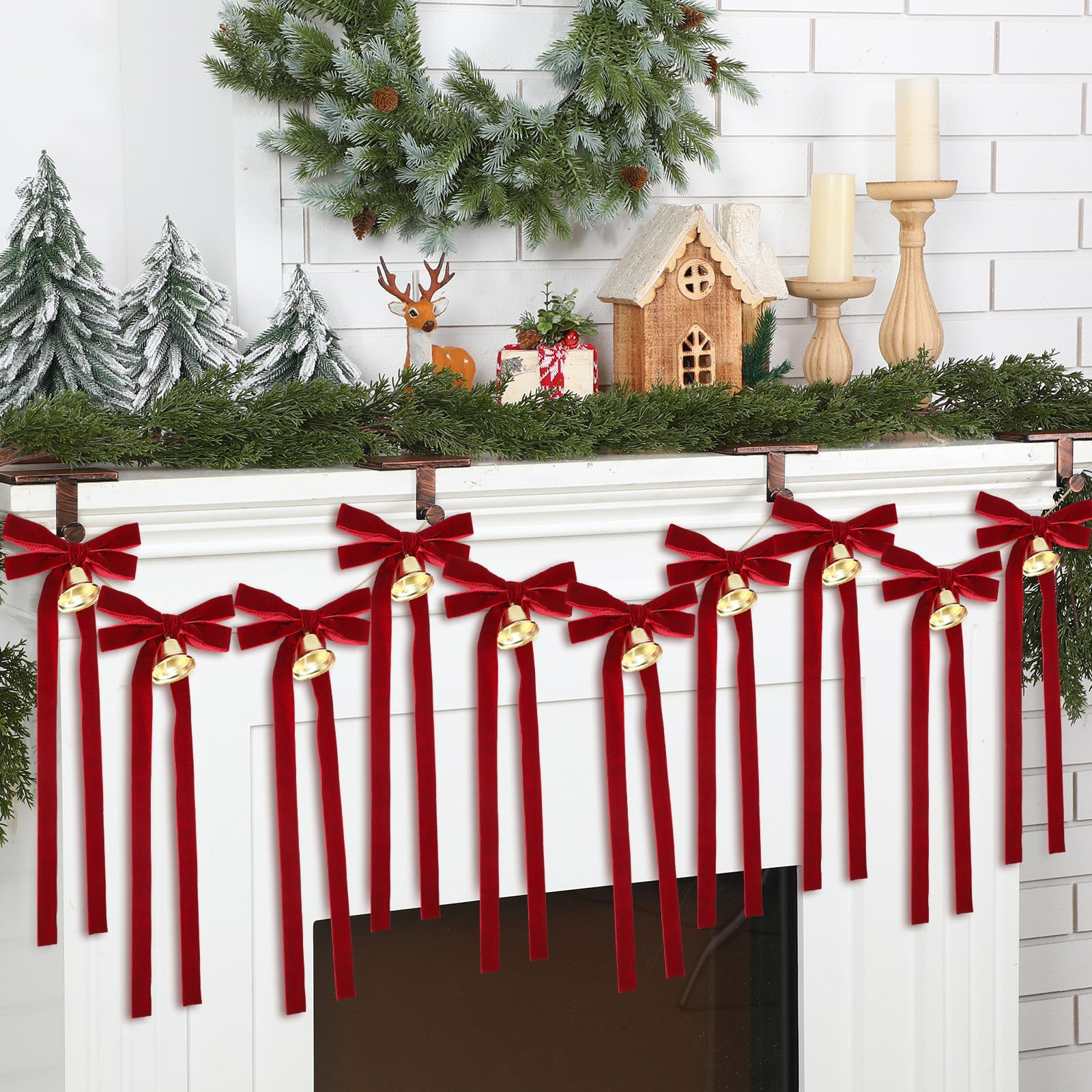 5.9 FT Christmas Bells Garland with Burgundy Velvet Bow 10 Pcs Vintage Christmas Decorations Hang... | Amazon (US)