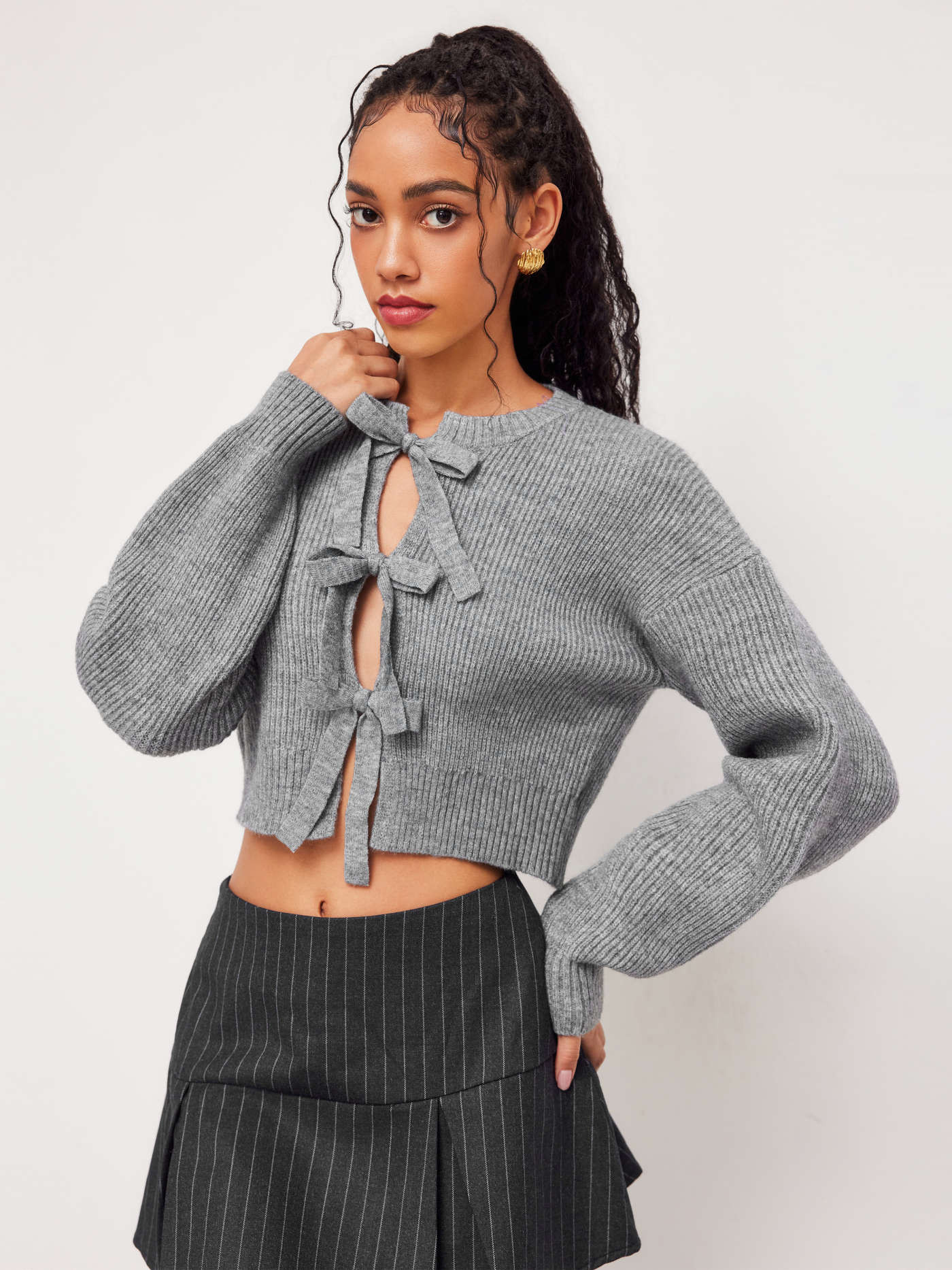 Knit Round Neck Solid Tie Front Bowknot Cardigan | Cider