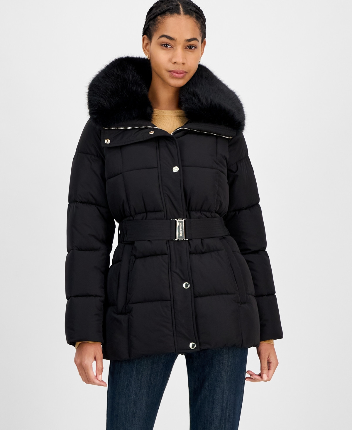 Michael Michael Kors Women's Belted Hooded Faux-Fur-Collar Puffer Coat, Exclusively at Macy's - Black | Macy's